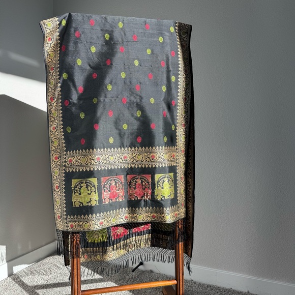 Accessories - VTG Indian Banarasi Brocade Shawl Table Runner Wall Hanging Black Gold Ethnic
